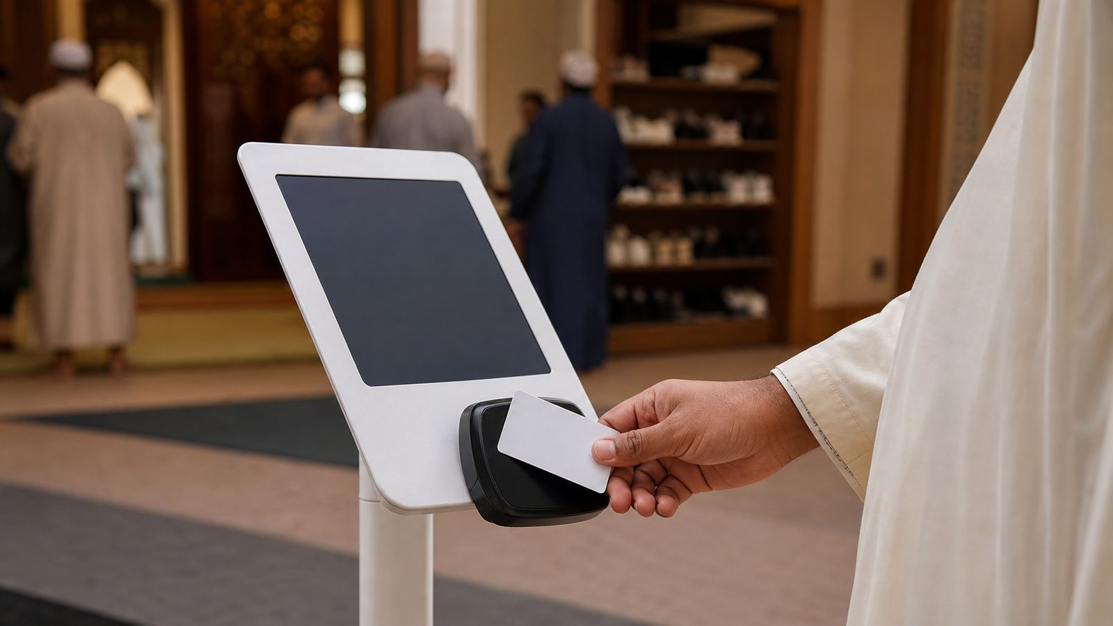 A contributor tapping a card at an entrance-hall kiosk