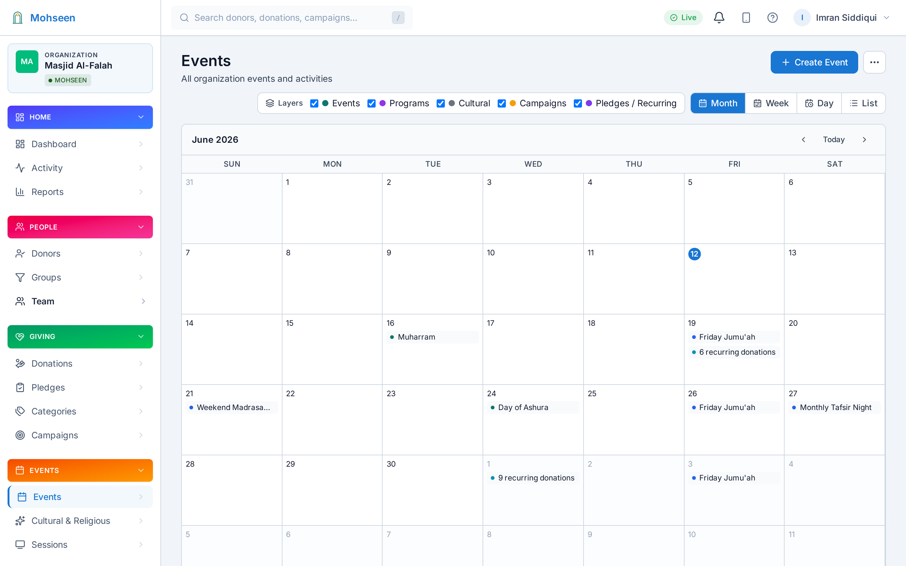 The masjid calendar in the Mohseen dashboard — month, week, day, and list views