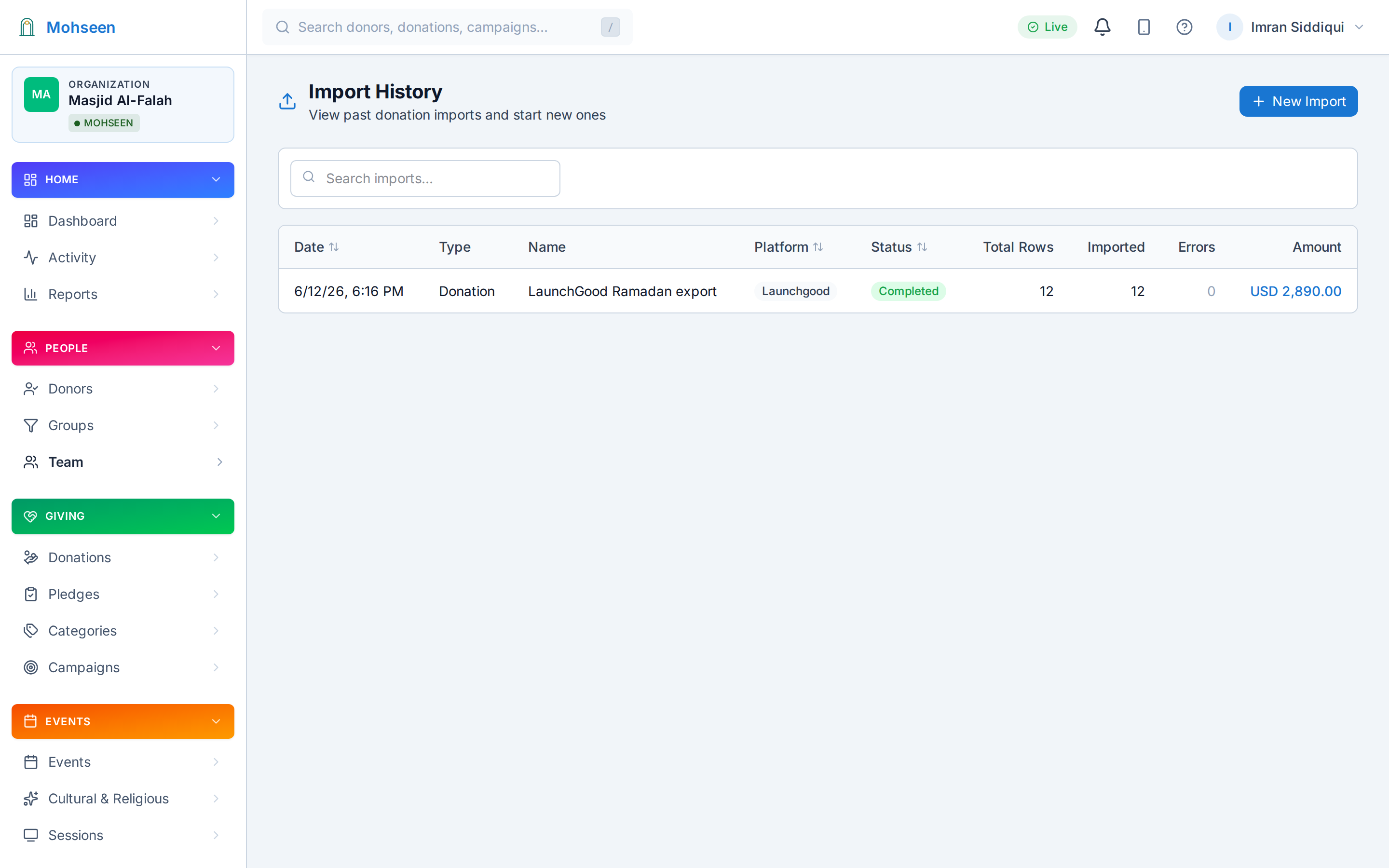 Import history list