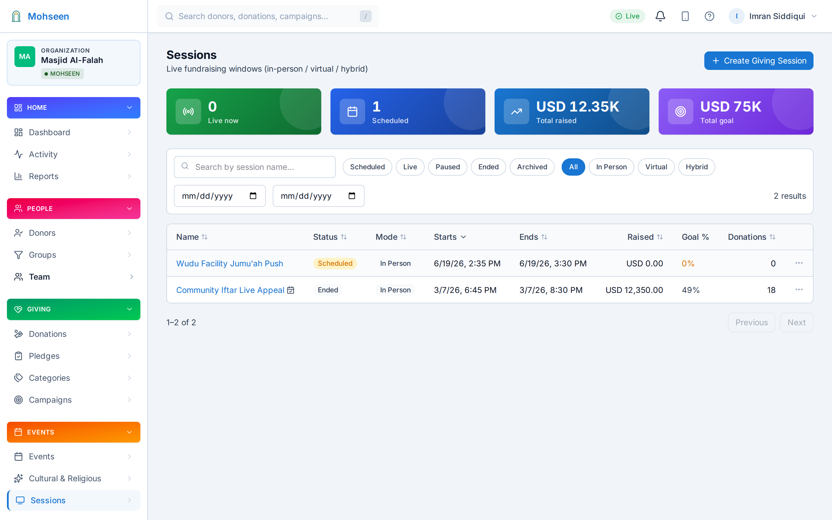 Admin dashboard listing scheduled, live, and ended giving sessions