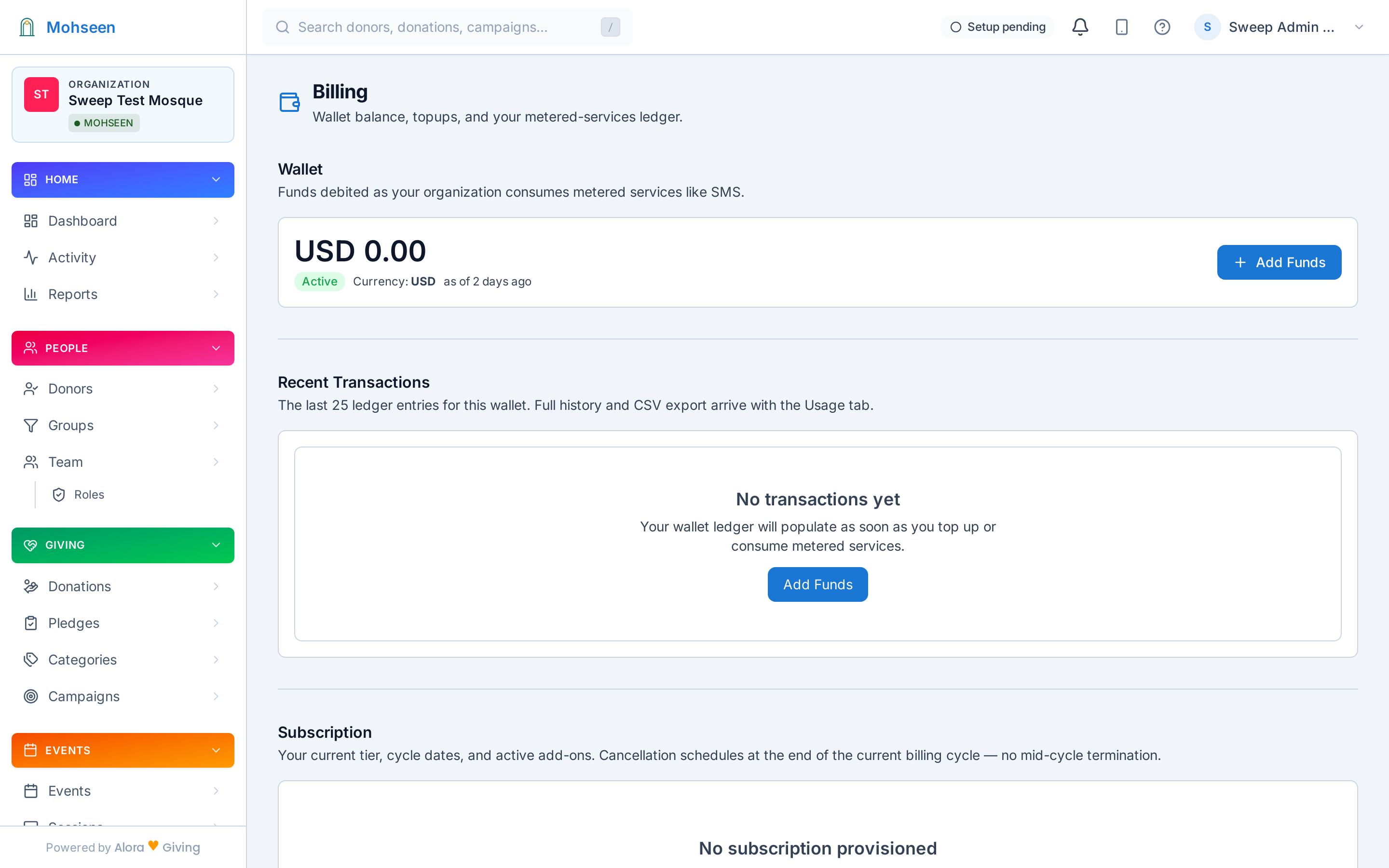 Billing settings and usage wallet in Mohseen