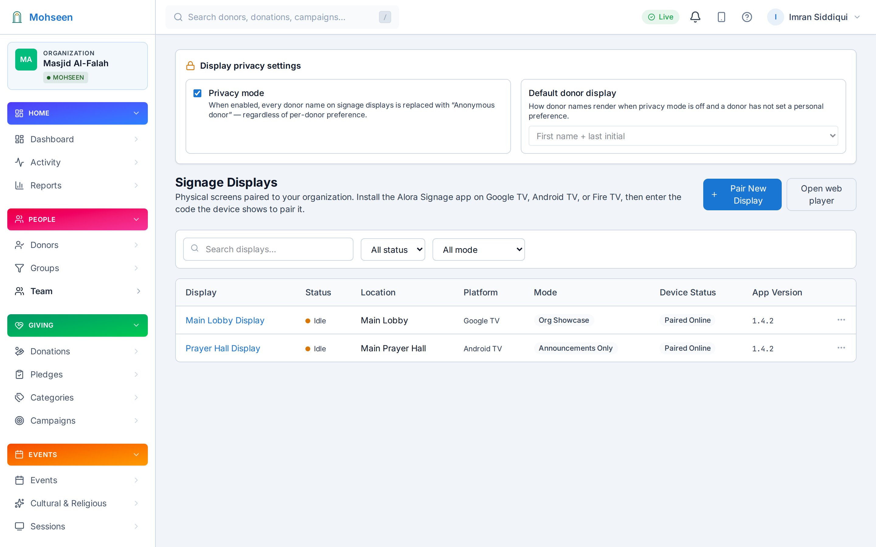 Signage screens managed from the dashboard — early access