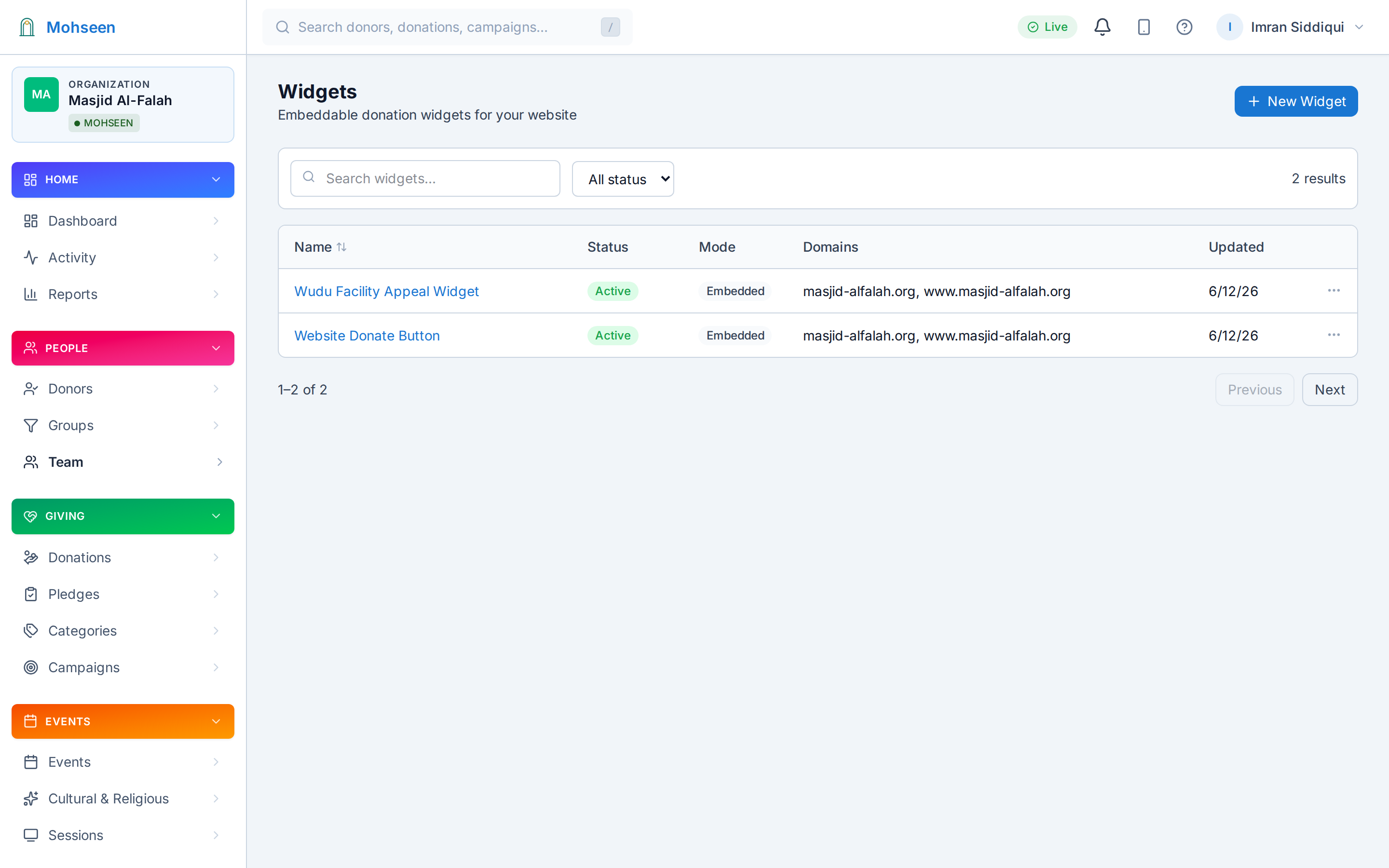 Widget Studio — events, announcement, and giving widgets for the masjid website
